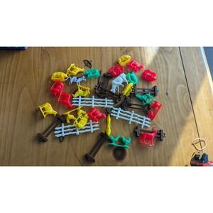 Vintage Plastic Farm Animal Toy Lot with Fencing and Accessories in Storage Bin